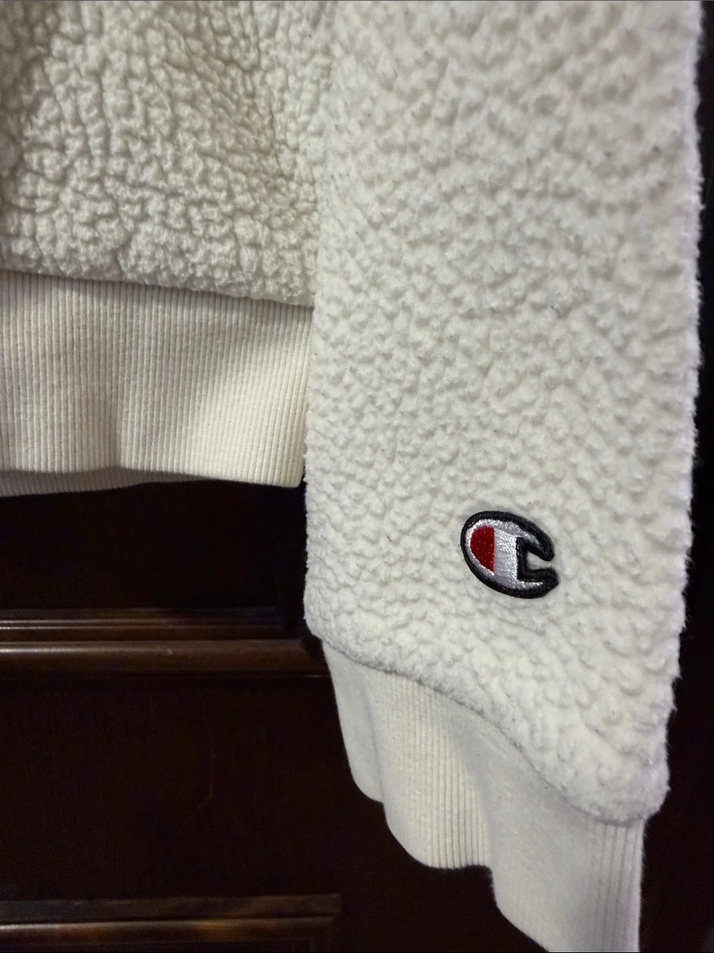 Rare Champion Cream Sherpa Crewneck Hoodie with Pink-Red Logo